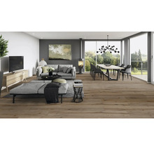 Heller Wohnraum mit Sofa, Esstisch, Kamin und Holzboden