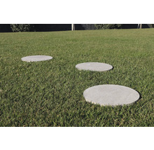 Drei runde Trittplatten aus Stein im Gras