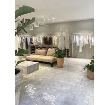 Helle Boutique mit Kleidung auf Kleiderständern, Sofa und Pflanzen