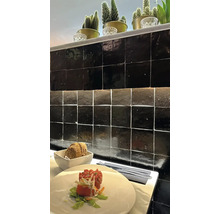 Wandfliesen im Essbereich mit Speisen, Brot, Kakteen und Gläsern.