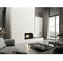 Modernes Wohnzimmer mit gefliestem Kamin, Sofas und Fensterfront mit Blick in die Natur