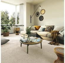 Wohnzimmer mit Teppichboden, Sofa, Tisch und Dekorationen