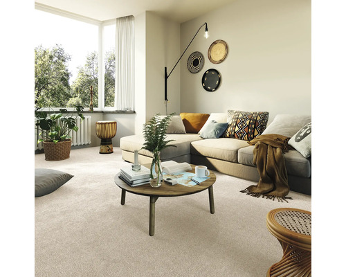 Wohnzimmer mit Teppichboden, Sofa, Tisch und Dekorationen