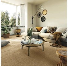 Wohnzimmer mit beigem Teppichboden, Ecksofa und Dekorationen