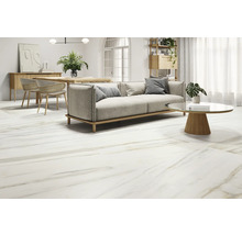 Heller Wohnraum mit Bodenfliesen in Marmoroptik, Sofa, Tisch und Stühlen.