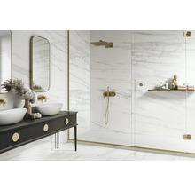 Modernes Badezimmer mit Marmorfliesen, Doppelwaschtisch und Duschkabine