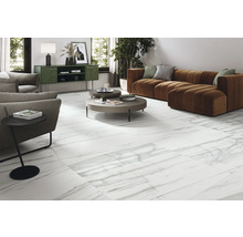 Wohnzimmer mit weißem Marmorfliesenboden, braunem Sofa und Couchtisch