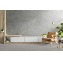 Wohnzimmer mit modernem Lowboard, Sessel und Zimmerpflanzen für eine helle und freundliche Atmosphäre