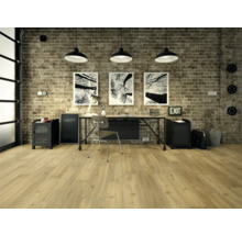 Büro mit Schreibtisch, Stuhl, Regalen und Holzboden vor einer Ziegelwand