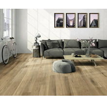 Heller Wohnraum mit Holzboden, Sofa, Tisch und Dekoration