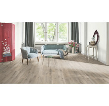 Wohnzimmer mit Laminatboden, Sofa und Sessel