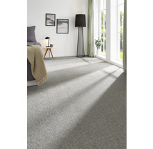 Grauer Teppichboden in einem Schlafzimmer mit Bett, Stehlampe und Fenster.