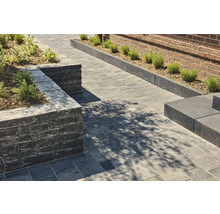 Außenaufnahme eines Gartens mit Pflastersteinen, einer Mauer und Bepflanzung.