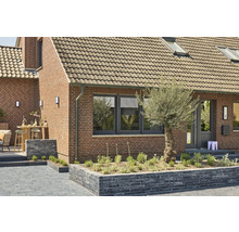 Außenansicht eines Hauses mit Ziegelmauerwerk, Fenstern, Tür und Gartengestaltung