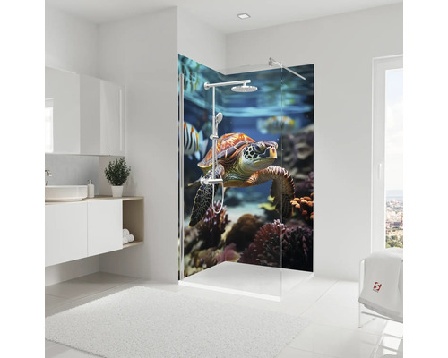 Modernes Badezimmer mit Dusche und Meeresschildkrötenmotiv