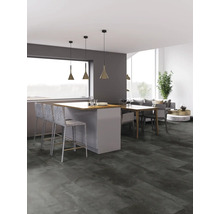 Heller Wohnraum mit Kücheninsel, Essbereich und dunkelgrauem Bodenbelag in Holzoptik