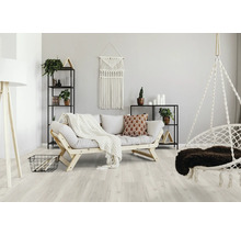 Wohnzimmer mit Sofa, Regalen und Hängekorb