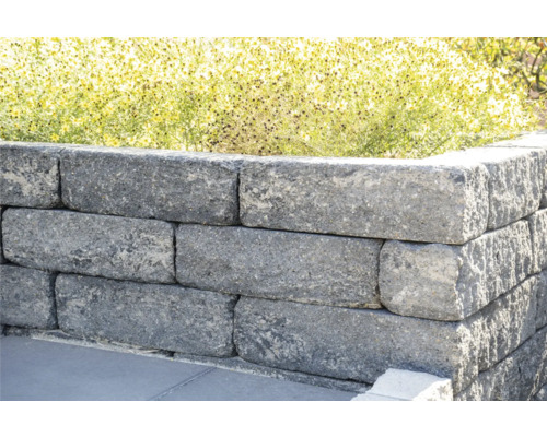 Graue Gartenmauer aus Steinblöcken mit Pflanzen im Hintergrund.