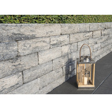 Graue Gartenmauer mit dekorativer Laterne