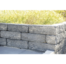 Gestapelte graue Gartenmauersteine mit Pflanzen