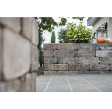 Gartenmauer aus Steinen mit Pflanze und Dekoration