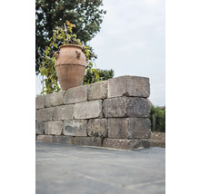 Eine Mauer aus Steinen mit einer Vase im Garten.