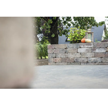 Mauer aus Ziegelsteinen mit Kürbissen und einer Laterne im Garten