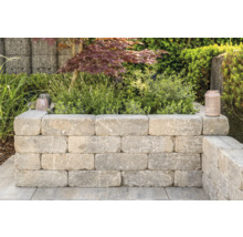 Hochbeet aus Betonsteinen im Garten mit Pflanzen