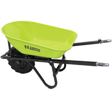 Grüne Schubkarre mit einem Rad für den Transport von Materialien im Garten oder auf der Baustelle.