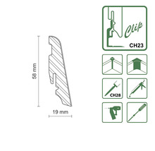 Abbildung eines Sockelleistenprofils mit den Maßen 58 mm Höhe und 19 mm Breite, sowie Symbole zur Montage.