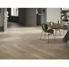 Heller Raum mit Holzboden, Esstisch und grünen Stühlen.