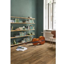 Wohnzimmer mit Bücherregal, Cello und Holzboden