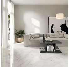 Helles Wohnzimmer mit Marmorboden, Sofa, Tisch und Zimmerpflanze für ein stilvolles Ambiente.