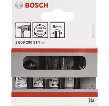 Bosch Logo. Packung mit Dübeln, maximal 1000 Umdrehungen pro Minute, Durchmesser 6 Millimeter, hergestellt aus Nickel, Magnesium, Zink und PVC.