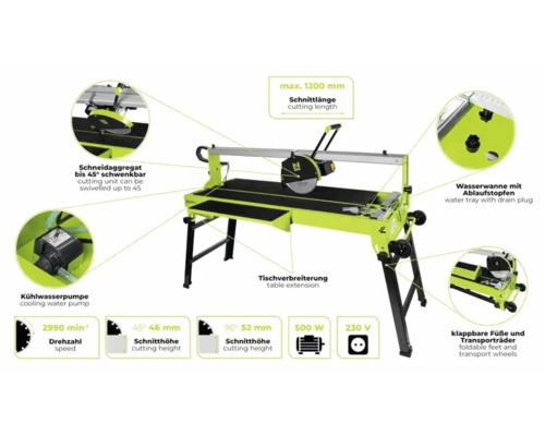 Fliesenschneidmaschine mit Kühlwasserpumpe, Wasserwanne, klappbaren Füßen und Transporträdern sowie technischen Daten wie Schnittlänge, Schnitttiefe und Drehzahl.