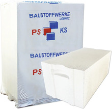 Verpackte Porenbetonsteine von Baustoffwerke Löbnitz mit einem Porenbetonstein daneben
