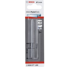 Bosch Logo. Verpackung mit zwei HSS PointTeQ Metallbohrern, Durchmesser 1 Millimeter, Länge 34 Millimeter.