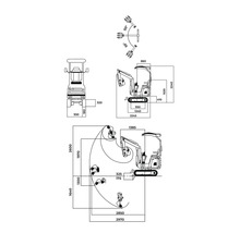 Technische Zeichnung eines Minibaggers mit Maßangaben
