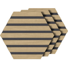 Drei sechseckige Akustikpaneele mit Holzstruktur und dunklen Streifen