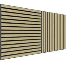 Zwei Paneele mit Holzlamellen für Wand- oder Deckenverkleidung.