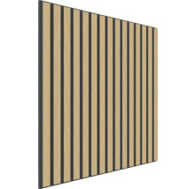 Akustikpaneel mit Holzlamellen und dunklem Filz