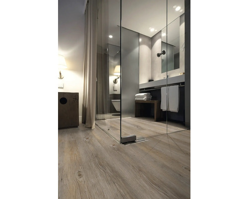 Modernes Badezimmer mit Glasdusche, Waschbecken und Holzfußboden für ein helles und geräumiges Ambiente.