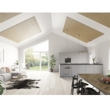 Helles Wohnzimmer mit offener Küche, Holzdekorplatten an der Decke und großen Fenstern.