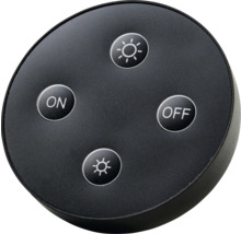 Schwarze Fernbedienung mit Tasten zum Ein- und Ausschalten und zur Helligkeitsanpassung.