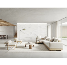 Heller Wohnraum mit Sofa, Sesseln, Teppich und Marmorwand