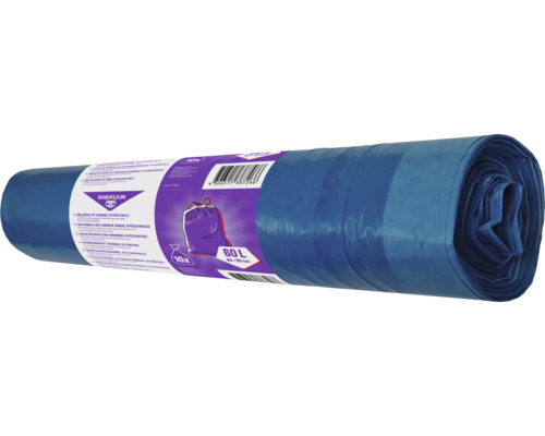 Rolle blaue Müllsäcke mit Zugband, 60 Liter Fassungsvermögen