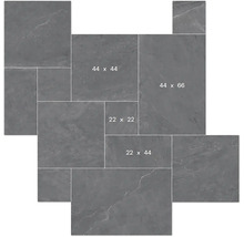 Verschieden grosse, graue Fliesen, zum Beispiel 44 x 44, 44 x 66, 22 x 22 und 22 x 44.