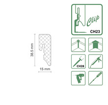 Illustration eines Befestigungsclips mit Maßangaben und Symbolen für Anwendungsbereiche