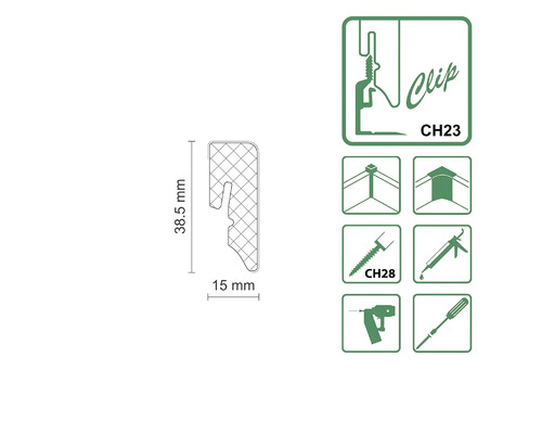 Illustration eines Befestigungsclips mit Maßangaben und Symbolen für Anwendungsbereiche