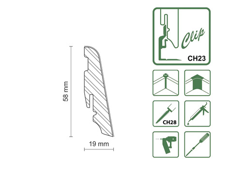Profilleiste mit den Maßen 58 mm x 19 mm und Clip-Befestigungssymbolen